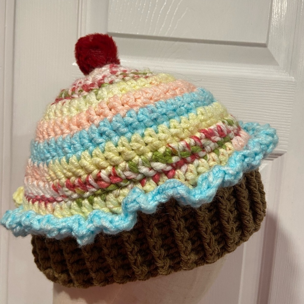 Handmade Crochet Rainbow Strawberry Cupcake Beanie Winter Hat Cozy Comfy Warm